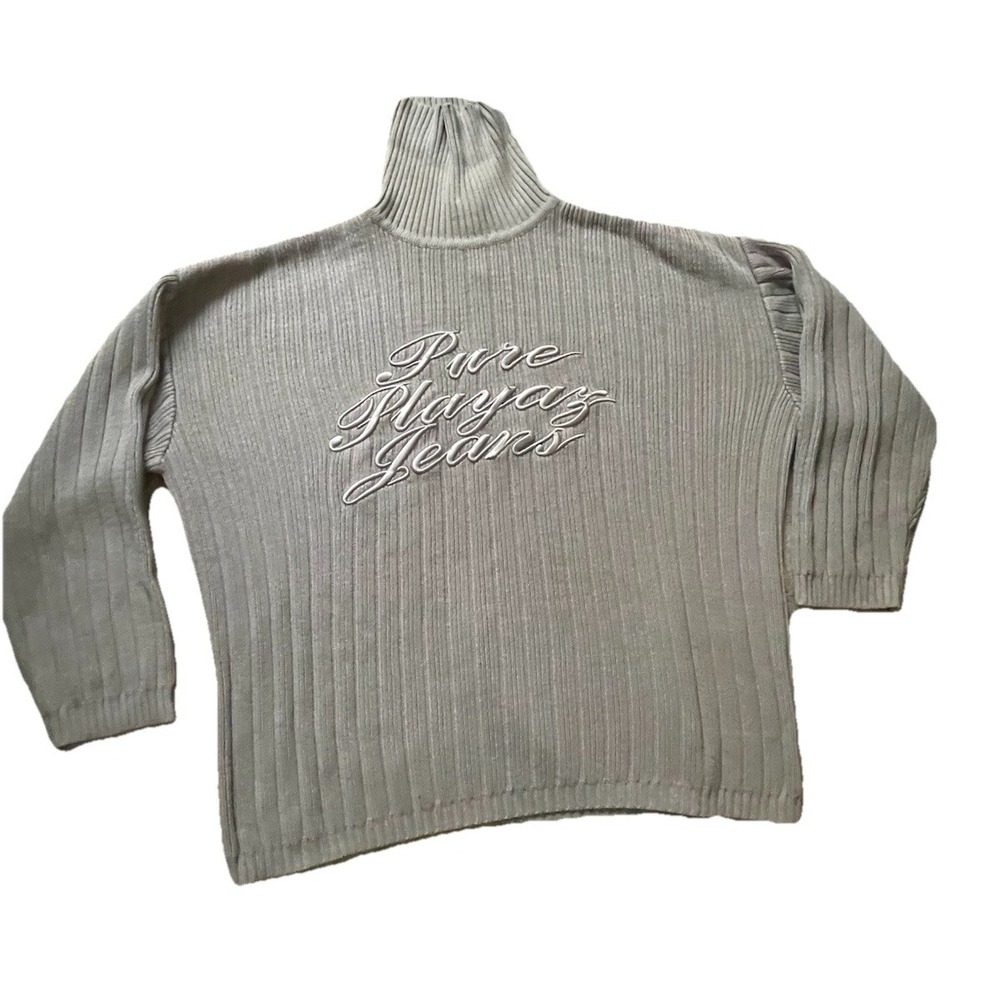 VTG Pure Playaz Mens Gray Y2K Hip Hop Spellout Cable Knit Turtleneck Sweater L - Picture 2 of 9